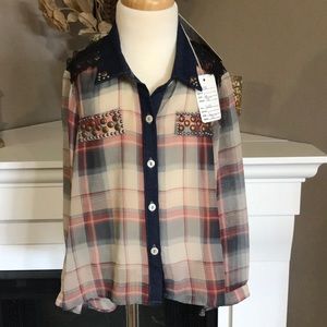 Hannah Banana Sheer Plaid Lace/Stud Trimmed Shirt